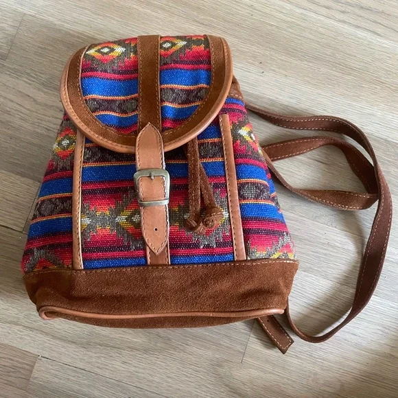 Suede Backpack Southwestern Wool Ecuador Boho Wool Textile + Suede Leather Backpack, Handcrafted  main image 3